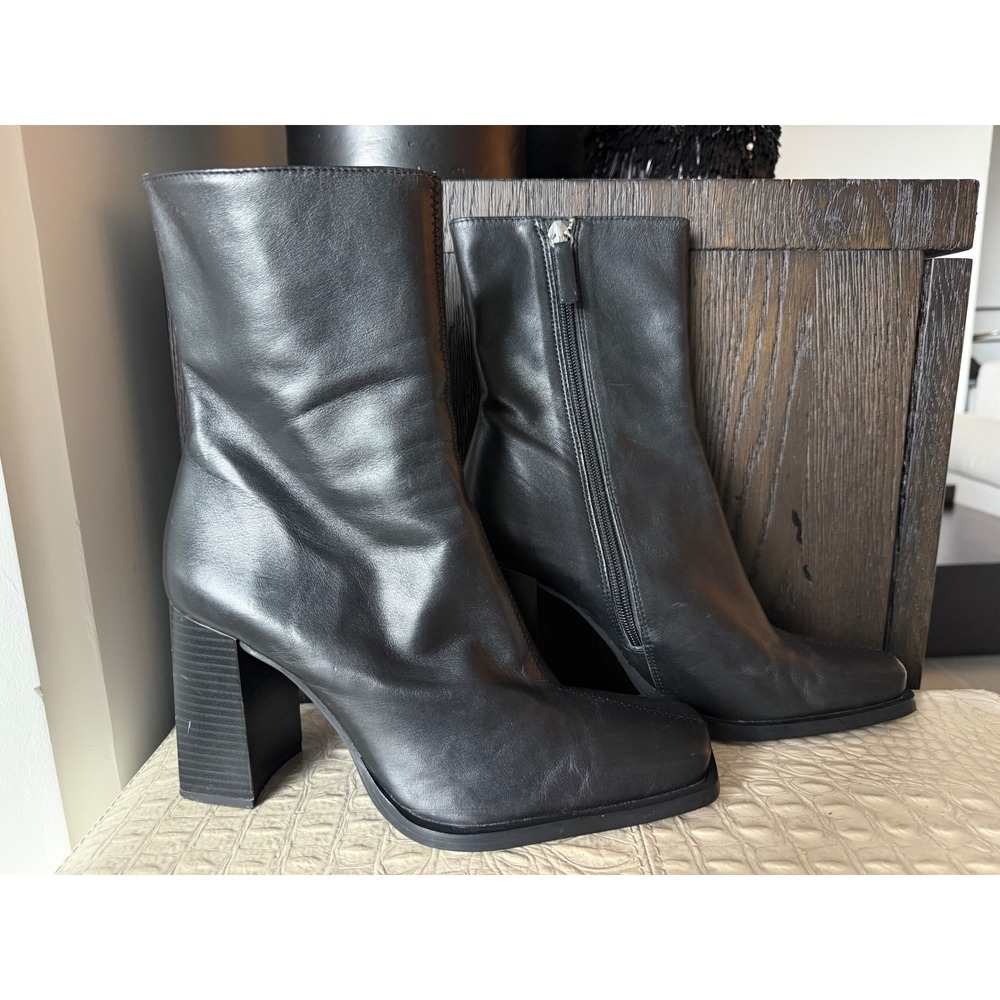 Zara Black Leather Heeled Ankle Boots Square Toe Block Heel Booties 3US 8